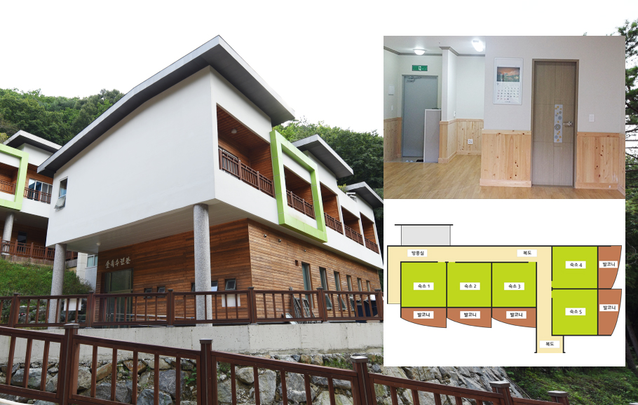숲속수련관(콘도형) - 가동(1호~5호), 나동(1호~3호)사진과 우좌측 상단은 숲속수련관(콘도형) - 가동(1호~5호), 나동(1호~3호) 내부, 하단은 숲속수련관(콘도형) - 가동(1호~5호), 나동(1호~3호) 평면도