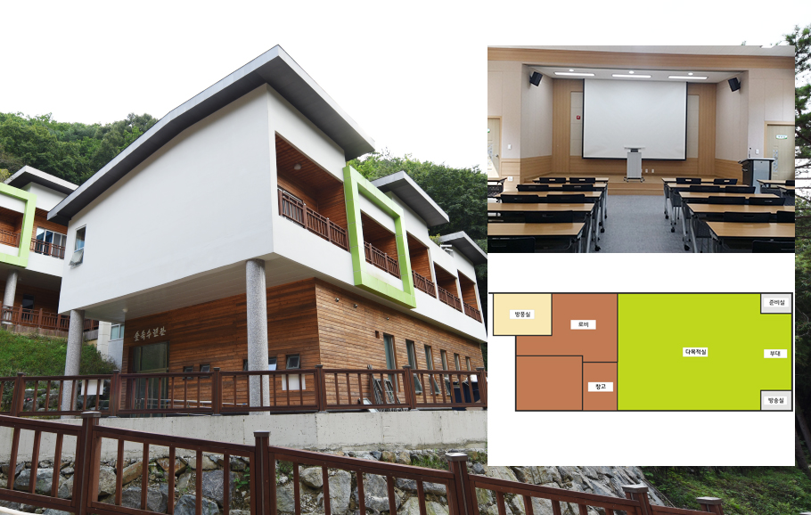 숲속수련관 다목적실 사진과 우좌측 상단은 숲속수련관 다목적실 내부, 하단은 숲속수련관 다목적실 평면도