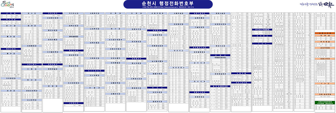 순천시 행정전화번호부, 각 부서의 전화번호가 쓰여있습니다. 아래 파일 다운로드시 자세한 내용을 확인하실 수 있습니다.