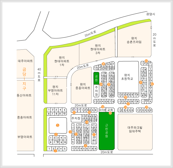 왕지지구의 실시간택지공급현황을 나타내며, 금당1지구인 대주아파트, 동신아파트, 중흥아파트, 부영아파트, 왕지현대아파트1차, 왕지현대아파트 3차, 왕지송촌프라임, 왕지부영아파트 11차, 왕지 중흥아파트 왕지초등학교, 주차당 유치언 교회, 대주파크빌 임대주택이 나타나있고, 공원과 근린공원은 초록색으로 표시되어 있습니다