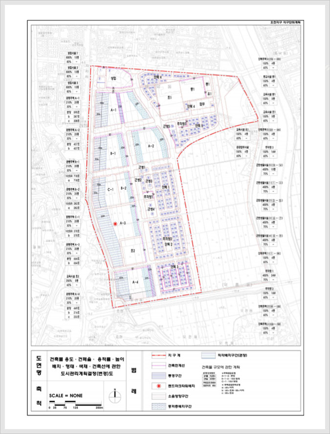 오천지구 건축물 등에 관한 계획으로 단독주택용지, 공동주택용지, 상업용지, 일반도로, 보행자전용도로, 근린공원 , 어린이 공원, 완충녹지, 경관 녹지, 미관관장, 공용의 청사, 학교, 하천, 교통광장, 주차장에 대한 위치정보다 색별로 색칠되어 표시되어 있습니다.