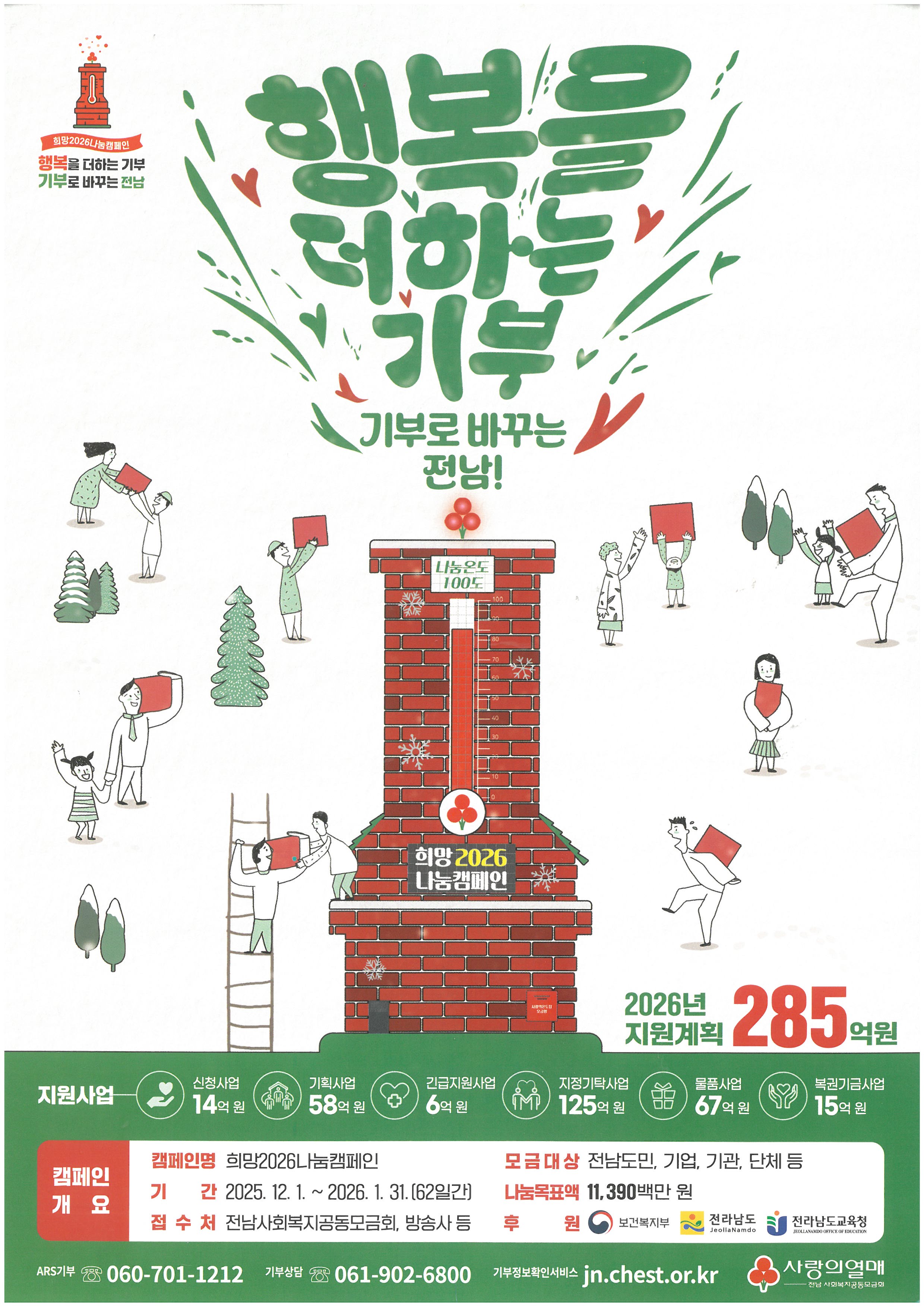 행복을 더하는 기부, 기부로 바꾸는 순천
희망2026나눔캠페인을 2025년 12월 1일부터 2026년 1월 31일까지 62일간 실시합니다. 성금접수는 주소지 행정복지센터나 순천시청 사회복지과로 하시면 됩니다. 모금대상은 순천시민, 기업, 기관, 단체 등입니다.