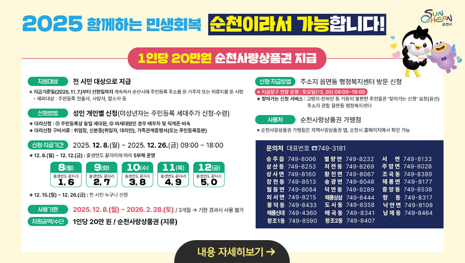 2025 함꼐하는 민생회복 순천시라서 가능합니다!
1인당 20만원 순천사랑상품권 지급
지원대상 전 시민 대상으로 지급
신청방법 성인 개인별 신청(미성년자는 주민등록 세대주가 신청 수령)
신청지급기간 2025.12.8.(월) ~ 2025.12.26.(금) 09:00~18:00
사용기한 2025.12.8.(월) ~ 2026.2.28.(토)
사용처 순천사랑상품권 가맹점
내용 자세히보기