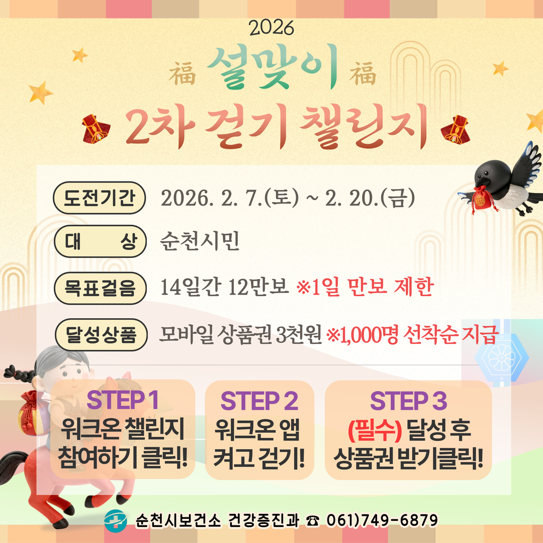 2026 설맞이 2차 걷기 챌린지
도전기간 2026년 2월 7일 토요일부터 2월 20일 금요일까지
대상 순천시민
목표걸음 14일간 12만보 1일 만보 제한
달성상품 모바일 상품권 3천원 1000명 선착순 지급
스텝1 워크온 챌린지 참여하기 클릭 
스텝2 워크온 앱 켜고 걷기
스텝3 필수 달성후 상품권 받기 클릭
순천시 보건소 건강증진과 전화 061 749 6879