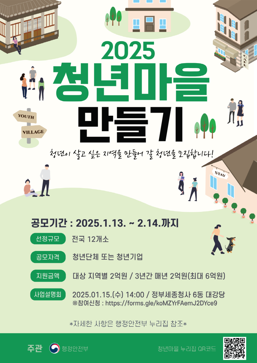2025 청년마을 만들기
청년이 살고싶은 지역을 만들어 갈 청년을 모집합니다
공모기간 2025년 1월 13일 부터 2월 14일 까지
선정규모 전국 12개소
공모자격 청년단체 또는 청년기업
지원금액 대상 지역별 2억원 3년간 매년 2억원 최대 6억원
사업설명회 2025년 1월 15일 수요일 14시 정부세종청사 6동 대강당
참여신청 자세한 사항은 행정안전부 누리집 참조