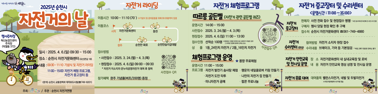 대한민국생태수도 일류 순천 2025년 순천시 자전거의 날 행사주차장 혁신농업인센터 주차장 덕월동 372 일시 2025년 4월 6일 일 9시 30부터 15시 장소 순천시 자전거 문화센터 오산큰길 18 내용 9시 30부터 11시 10 기념식 및 자전거 라이딩 11시부터 15시 자전거 체험 프로그램 자전거 중고장터 등 문의 순천시 교통정책과 대자보도시팀 749 6201 주최 순천시 주관 순천시 자전거 연맹

자전거 라이딩 이동시간 10시부터 11시 10 70분 기념식 및 준비운동을 위해 9시 30분까지 집결 이동코스 시작 자전거 문화센터 동천 순천만습지 갈대밭 순천만 화포 완주 접수방법 사전접수 2025년 3월 24일 월요일부터 4월 3일 목 현장접수 2025년 4월 6일 일 9시부터 9시 30 자전거 미소지자 온누리 공영자전거 대여 후 참여 참가혜택 완주 기념품 버프 200명 증정 사전접수 큐알

자전거 체험 프로그램 따르릉 골든벨 자전거 관련골든벨 퀴즈 운영시간 14시부터 15시 사전접수 2025년 3월 24일 월요일부터 4월 3일 목 현장접수 2025 4월 6일 11시부터 14시 접수인원 선착순 100명 현장접수 인원은 온라인 접수 참여자가 미달인 경우 그 부족한 인원에 한하여 선착순 접수 1등 24인치 자전거 2등 15인치 자전거 사전접수 큐알 체험프로그램 운영 운영시간 11시부터 15시 몽땅 무료체험 프로그램 자전거 발전기 솜사탕 체험 행운의 네잎클로버 키링 만들기 자전거 도안 타투 나만의 자전거 컵 만들기 미니 자전거 공예 팝콘 무료나눔

자전거 중고장터 및 수리센터 운영시간 11시부터 15시 자전거 중고장터 판매자 사전 전화 접수 및 현장접수 병행 사전 접수자에 한해 판매 전 사전 수리 진행 구매자 행사 당일 현장확인 후 구매 접수처 순천시 자전거 문화센터 061 749 4880 자전거 수리센터 무상 참여방법 자전거 소지자 현정접수 수리내용 브레이크 기어 등 기본점검 부품교체가 필요한 정비는 불가 자전거 안전교육 및 전시실 운영 장소 자전거 문화센터 내 실내교육장 및 로비 내용 자전거 안전교육 영상 상영 및 전시실 운영 자전거 무료 대여 대여품복 밸런스 자전거 네발 및 두발 자전거 자전거 문화센터 내 주행연습