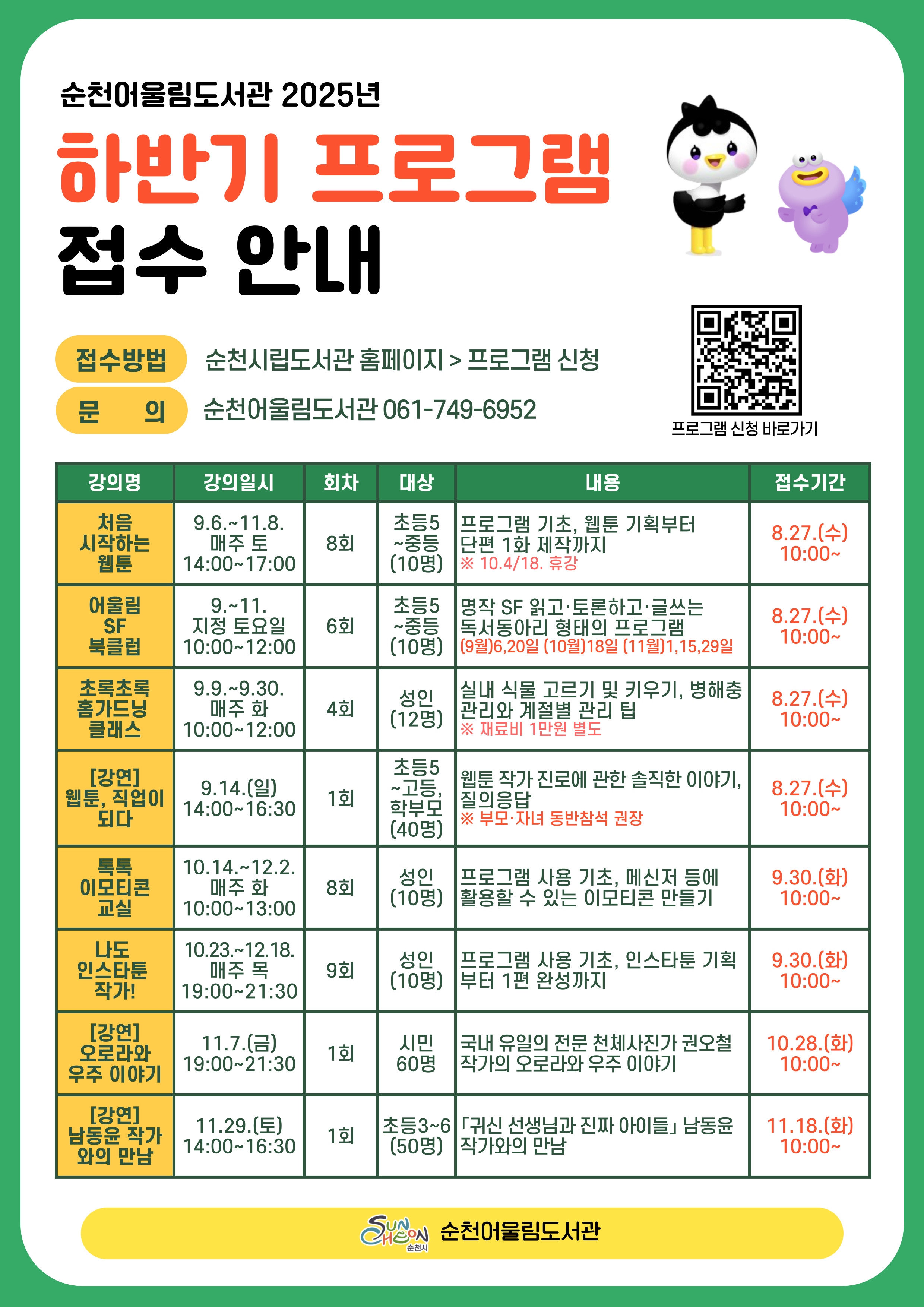 순천 어울림도서고나 2025년하반기 프로그램 접수 안내 접수방법 순천시립도서관 홈페이지에서 프로그램 신청 탭 문의 순천어울림도서고나 0617496952 처음시작하는 웹툰 강의 일시 구월 육일부터 십일월 팔일 매주 토요일 오후 두시부터 다섯시 8회 초등오학년부터 중등열명 프로그램기초 웹툰기획부터 단편 1화 제작까지 10월 사일 10월 18일은 휴강임 접수기간 8월 27일 수요일 열시부터
어울림 에스 에프 북클럽 구월부터 11월까지 지정 토요일 오전 열시부터 정오까지 6회 초등오학년부터 중등 10명 명작 sf를 읽고 토론하고 글쓰는 독서동아리 형태의 프로그램 9우러 6일 20일, 10월 18일 11월 1일 15일 29일 접수기간은 상기와 같음
초록초록홈가드닝클래스 구월구일 부터 구월삼십일까지 매주 화요일 오전 열시 부터 열두시 4회 성인 12명 실내식물고르기및 키우기 병해충 관리몇 계절별 관리팁 재료비 1만원 별도 지참요망 8월 27일 수요일 열시부터 접수 강연 웹툰 직업이 되다 구월 14일 일요일 오후두시 부터 오후네시 반 1회 초등 5부터 고등학생 및 학부모 총 40명 웹툰 작가 진로에 관한 솔직한 이야기 질의 응답 부모 자녀 동반 참석 권고 8월 27일 수요일 오전 열시 부터 접수 톡톡이모티콘 교실 10월 14일부터 12월2일 매주 화요일 오전 열시부터 오후 한시 총 8회 성인 열명 프로그램 사용기초 메신저등에 활용할 수 있는 이모티콘 만들기 9월 30일 화요일 부터 오전 열시 부터 나도인스타툰 작가 10월 23일 부터 12우러 18일까지 매주 목요일 오후 7시부터 오후 아홉시 삼십분 총 9회 성인 10명 대상 프로그램 사용기초 인스타툰 기획부터 1편 완성까지 9월 30일 오전 열시부터 강연 오로라와 우주이야기 11월 7일 금요일 오후 7시부터 오후 아홉시 반 1회 시민 60명 국내 유일 전문 천체 사진가 권오철 작가의 오로라와 우주이야기 10월 28일 화요일 오전 10시부터 접수 강연 남동윤작가와의만남 11월 29일 토요일 오후 2시부터 4시반까지 1회 토등 3학년 부터 6학년 50명 귀신선생님과 진짜 아이들 남동윤작가와의 만남 11우러 18일 화요일 오전 10시부터 모집 순천어울림도서관 공고