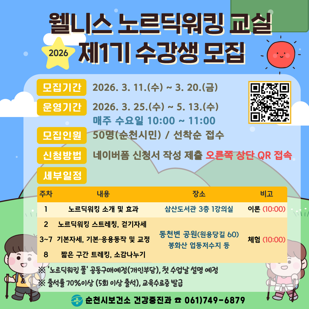 웰니스노르딕워킹 교실 2026 제1기 수강생 모집
모집기간 2026년 3월 11일 수요일부터 3월 20일 금요일까지
운영기간 2026년 3월 25일 수요일부터 5월 13일 수요일까지 매주 수요일 10시부터 11시까지
모집인원 50명 순천시민 선착순 접수
신청방법 네이버폼 신청서 작성 제출 오른쪽 상단 QR접속
세부일정
1주차 내용 노르딕워킹 소개 및 효과 장소 삼산도서관 3층 1강의실 이론 20시
2주차 내용 노르딕워킹 스트레칭 걷기자세 3주차부터 7주차까지 기본자세 기본 응용동작 및 교정 8주차 짧은 구간 트레킹 소감나누기 장소 동천변 공원 원용당길 60 봉화산 업동저수지 등 체험 10시
노르딕워킹 폴 공동구매예정 개인부담 첫 수업날 설명 예정
출석률 70퍼센트 이상 5회이상 출석 교육수료증 발급
순천시보건소 건강증진과 전화 061 749 6879