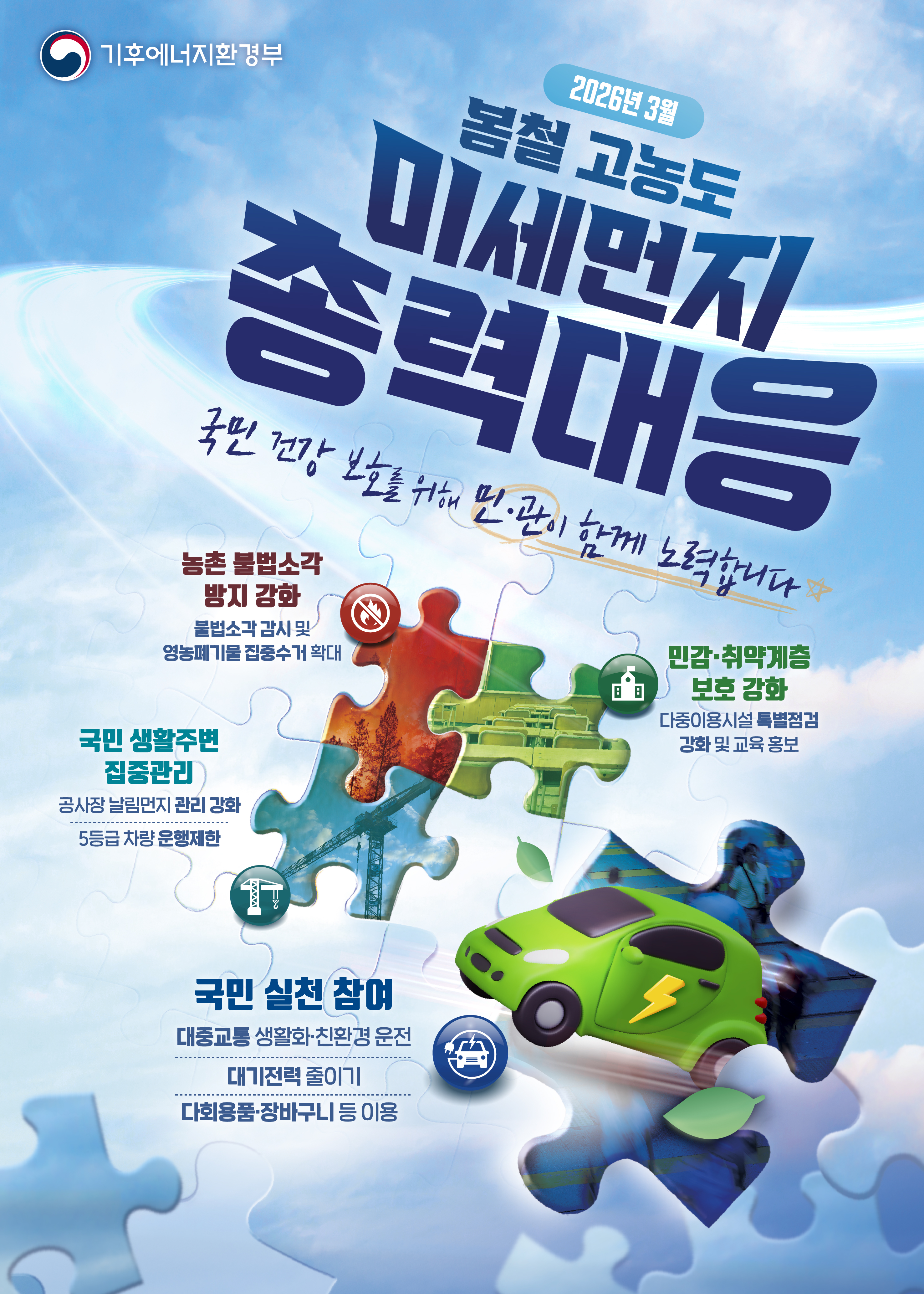 기후에너지환경부
2026년 3월 봄철 고농도 미세먼지 총력대응
국민건강보호를 위해 민관이 함께 노력합니다
농촌 불법소각 방지 강화 불법소각 감시 및 영농폐기물 집중수거확대
민감취약계층 보호 강화 다중이용시설특별점검 강화 및 교육 홍보
국민생활주변 집중관리 공사장 날림먼지 관리강화 5등릅 차량 운행제한
국민실철참여 대중교통 생활화·친환경운전 대기전력 줄이기 다회용품·장바구니 등 이용