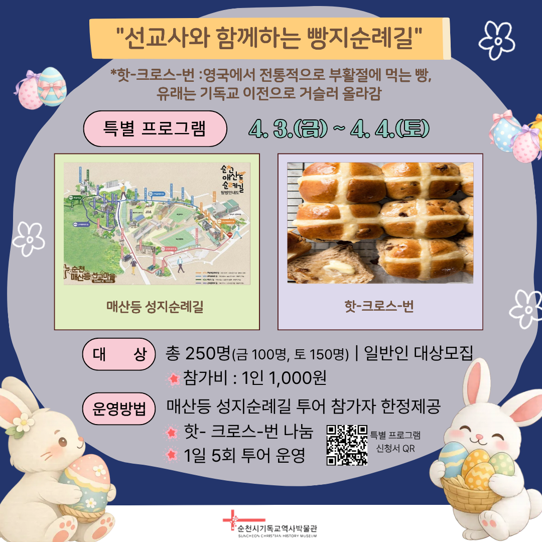 이 포스터는 선교사와 함께하는 빵지순례라는 특별 프로그램을 홍보하고 있습니다. 프로그램은 4월 3일(금)부터 4월 4일(토)까지 진행되며, 부활절에 영국에서 전통적으로 먹는 핫-크로스번(Hot Cross Bun)을 주제로 합니다. 포스터 중앙에는 매산동 성지순례길 지도와 십자가 모양의 장식이 있는 먹음직스러운 핫-크로스번 사진이 배치되어 있습니다. 프로그램 대상은 총 250명(금 100명, 토 150명)이며, 참가비는 1인당 1,000원입니다. 운영 방식으로는 매산동 성지순례길 투어 참가자에게 한정 제공되는 핫-크로스번 나눔과 하루 5회 투어 운영이 안내되어 있습니다. 전반적으로 부활절 분위기를 연상시키는 파스텔 톤 배경과 귀여운 토끼, 부활절 달걀 장식이 더해져 따뜻하고 축제적인 느낌을 줍니다. 하단에는 순천시기독교역사박물관 로고가 명시되어 있습니다.