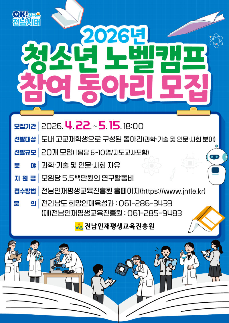 미래의 노벨 수상자를 꿈꾸는 청소년들을 위한 특별한 기회, 2026년 청소년 노벨캠프 참여 동아리를 모집합니다. 전국의 중·고등학생들로 구성된 동아리라면 과학, 기술, 인문, 사회 등 어떤 분야든 자유롭게 참여할 수 있습니다. 2026년 4월 22일부터 5월 15일까지 접수하며, 선정된 20개 동아리에는 각 5.5백만원의 든든한 연구 활동비가 지원됩니다. 열정적인 탐구 정신을 가진 학생들의 많은 관심과 참여를 기다립니다. 자세한 사항은 전남인재평생교육진흥원 홈페이지(https://www.jntle.kr)를 참조해 주세요. 포스터 하단의 생동감 넘치는 일러스트는 학생들이 과학 연구에 몰두하는 즐거운 순간들을 보여주며, 이 캠프가 제공할 배움과 성장의 여정을 미리 엿볼 수 있게 합니다.