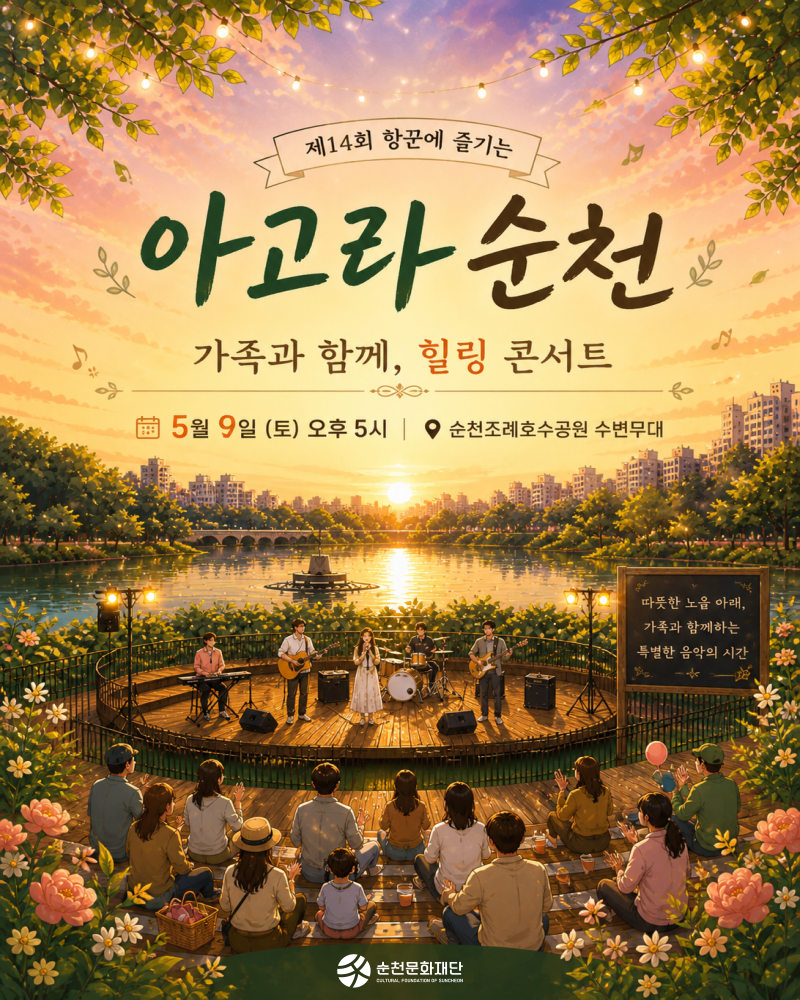 제14회 항꾼에 즐기는 아고라 순천 가족과 함께 힐링 콘서트 5월 9일 토요일 오후 5시 순천조례호수공원 수변무대 순천문화재단