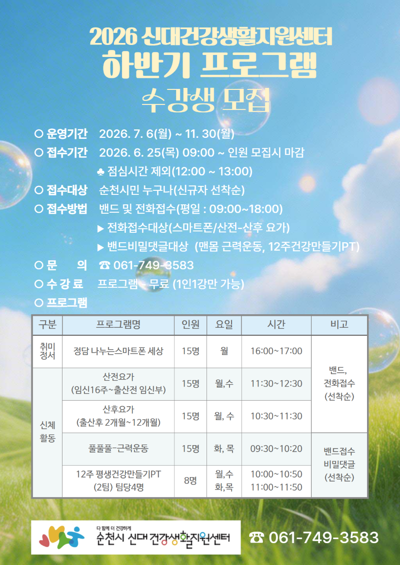 2026년 순천시 신대건강생활지원센터에서는 지역 주민들의 건강하고 활기찬 생활을 지원하기 위한 하반기 프로그램을 선보입니다. 7월 6일부터 11월 30일까지 운영되는 이번 프로그램은 스마트폰 활용, 산전·산후 요가, 근력 운동, 건강 PT 등 다채로운 강좌로 구성되어 있습니다. 신청은 6월 25일부터 선착순으로 진행되며, 순천시 신대 지역 주민이라면 누구나 무료로 참여할 수 있는 기회입니다. 자세한 사항은 순천시 신대건강생활지원센터(061-749-3583)로 문의하시기 바랍니다.